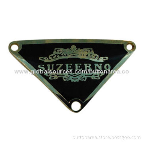 Metal alloy label, enamel finish, plated colors